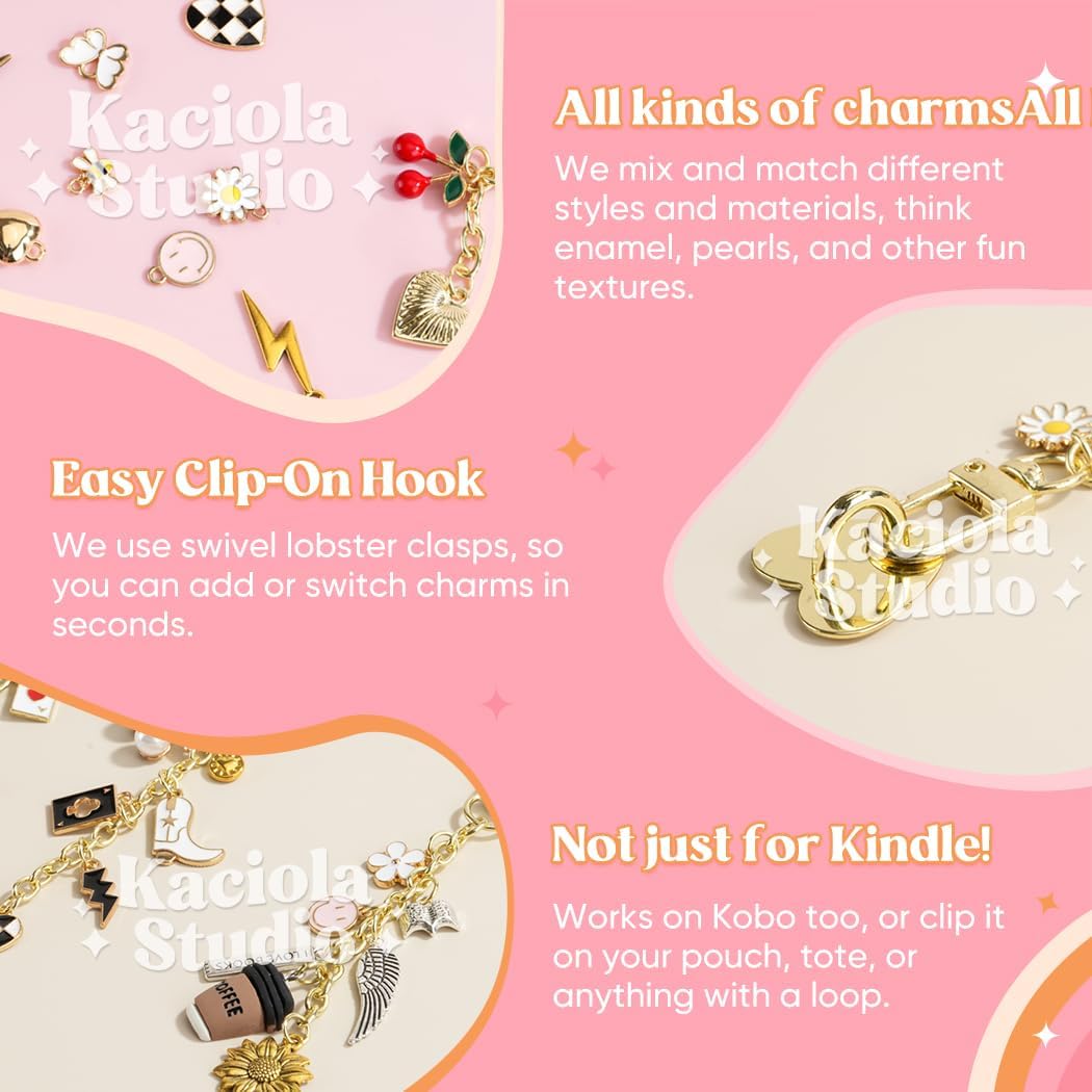 Kaciola Charm Chains for Kindle, Cute E-reader Phone Charm Bracelets Accessories Gift for Reader Booklovers Women Men, Charms Compatible for Kindle/E-Reader/Phone (A)