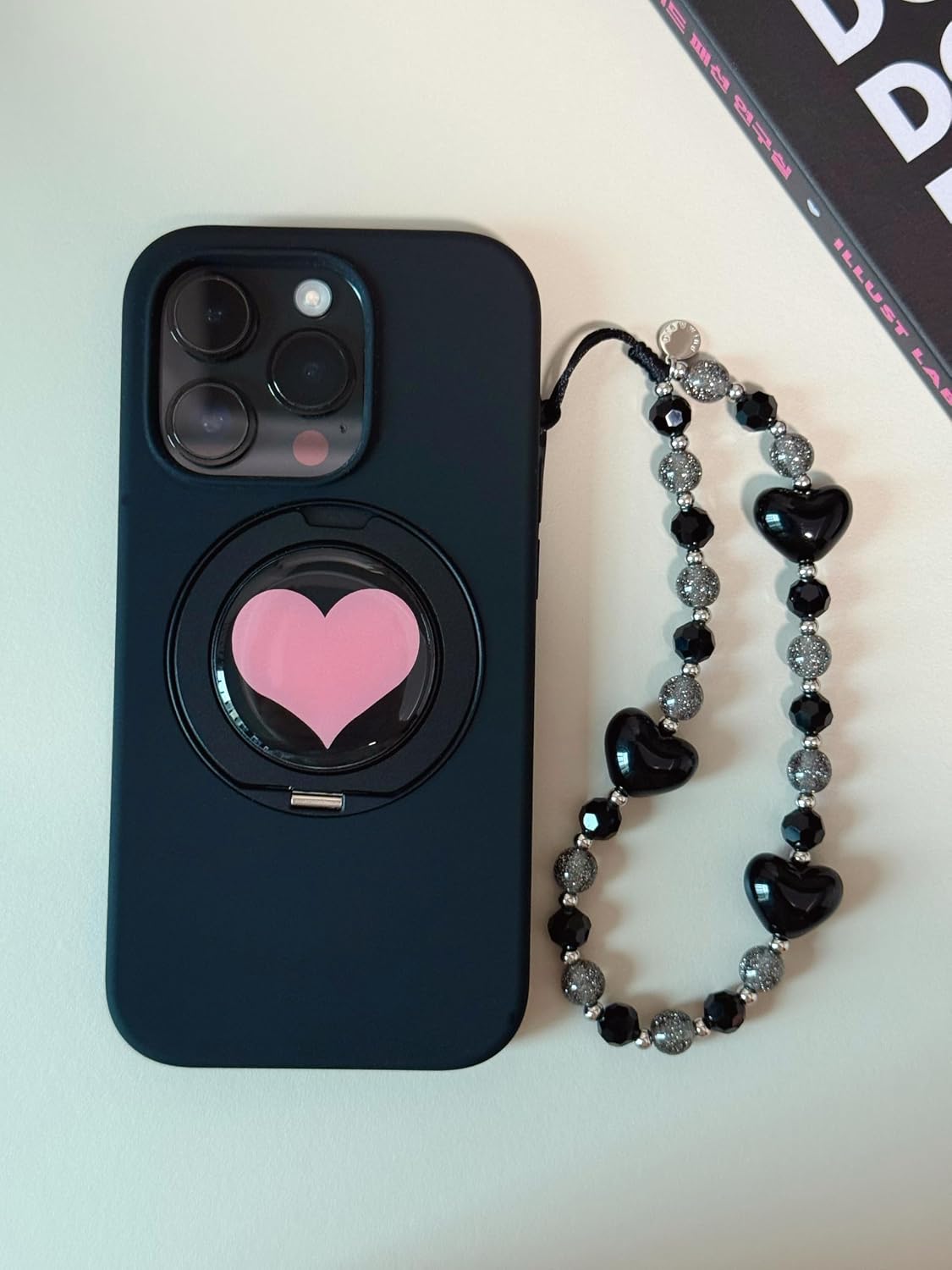 Drawwind Phone Charm Beaded Wristlet Strap Universal Cell Phone Lanyard Cute Bracelet Wrist Strap Beaded Chain String Handmade Accessories for Case Camera Bags (Black Hearts)