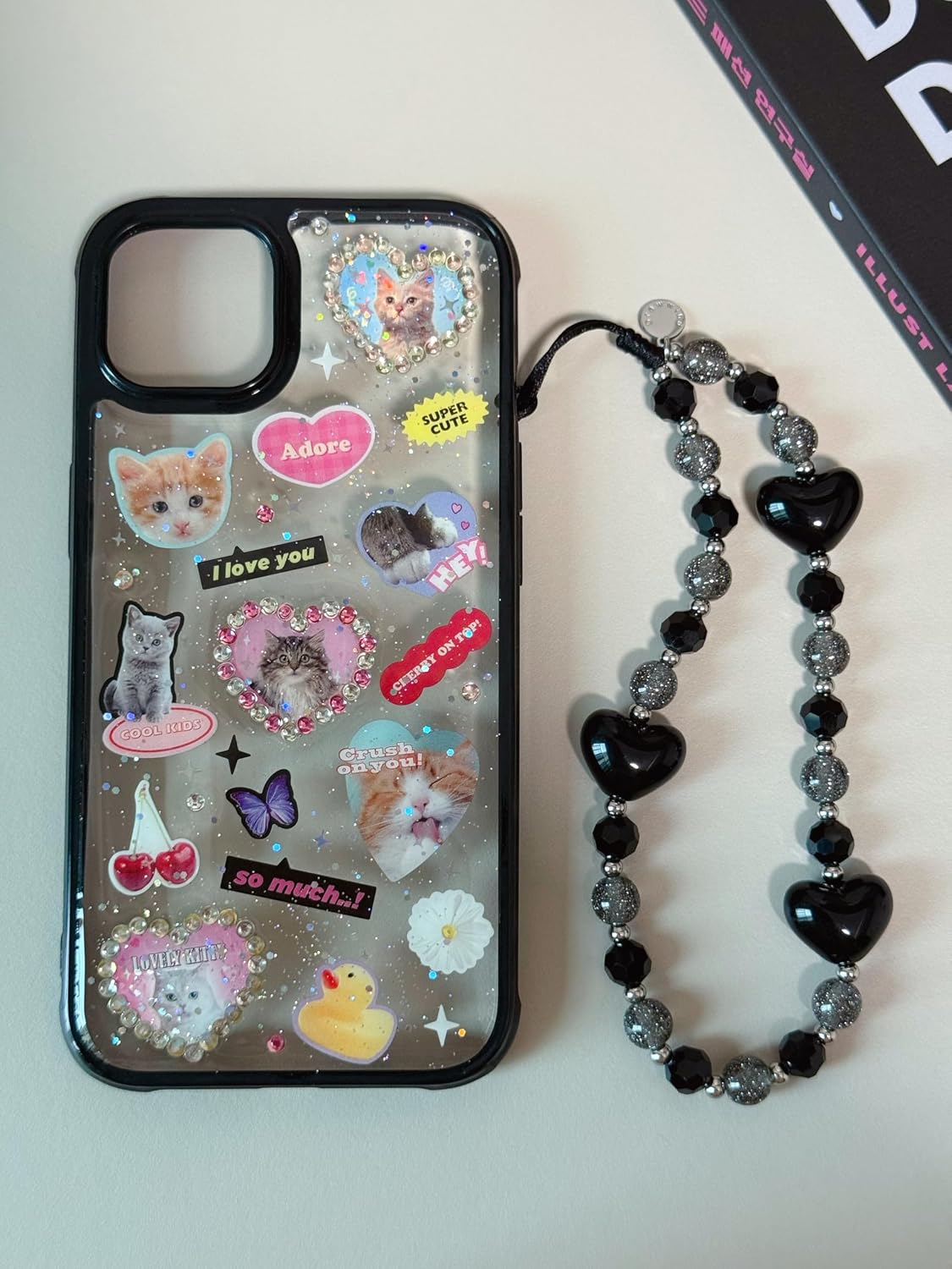 Drawwind Phone Charm Beaded Wristlet Strap Universal Cell Phone Lanyard Cute Bracelet Wrist Strap Beaded Chain String Handmade Accessories for Case Camera Bags (Black Hearts)